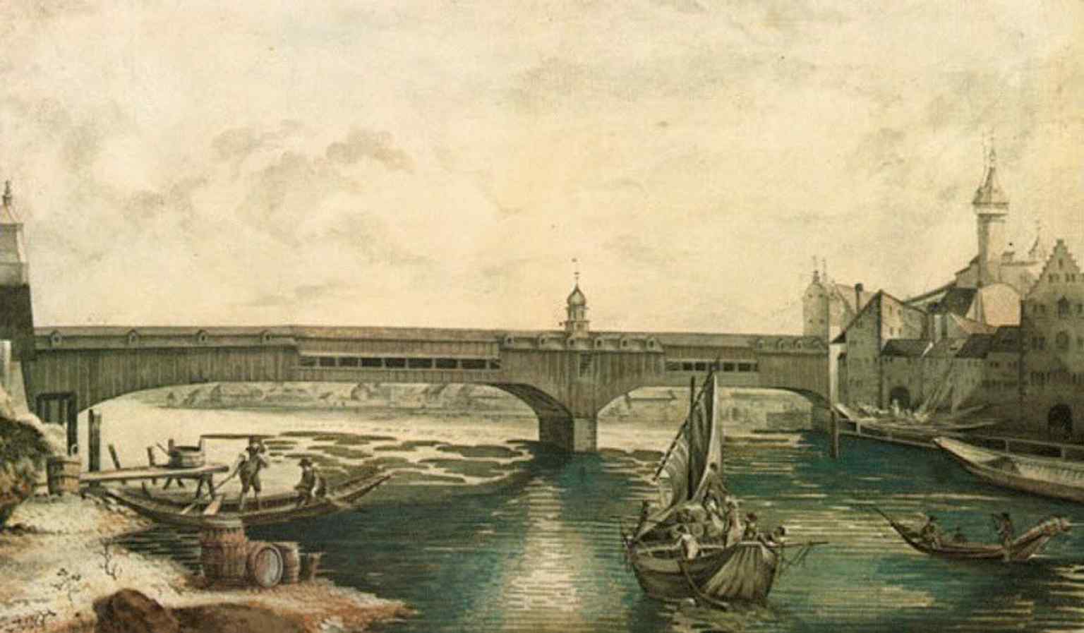 A rare image of the covered Grubenmann bridge before its destruction, helping tell the story of the wooden bridges that came before the modern concrete span.