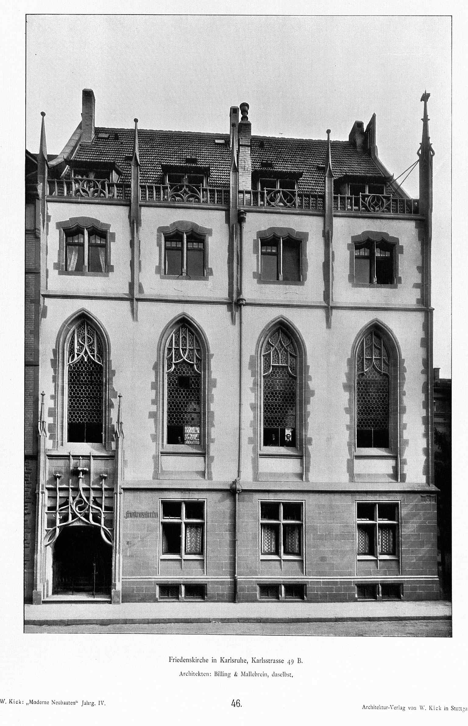An early 20th-century view of the Church of Peace, built by architect Hermann Billing. Its monumental, late-Gothic inspired facade was a strategic choice by the Methodist community to assert their significance and counter a 'sect image' prevalent at the time, before its demolition in 1968.