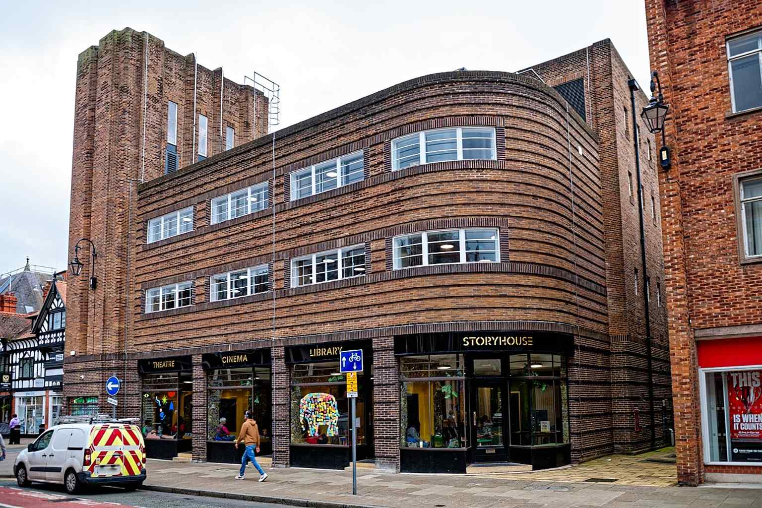 A clear modern view of the listed Odeon frontage, showing the original cinema shell that Storyhouse reused and extended.