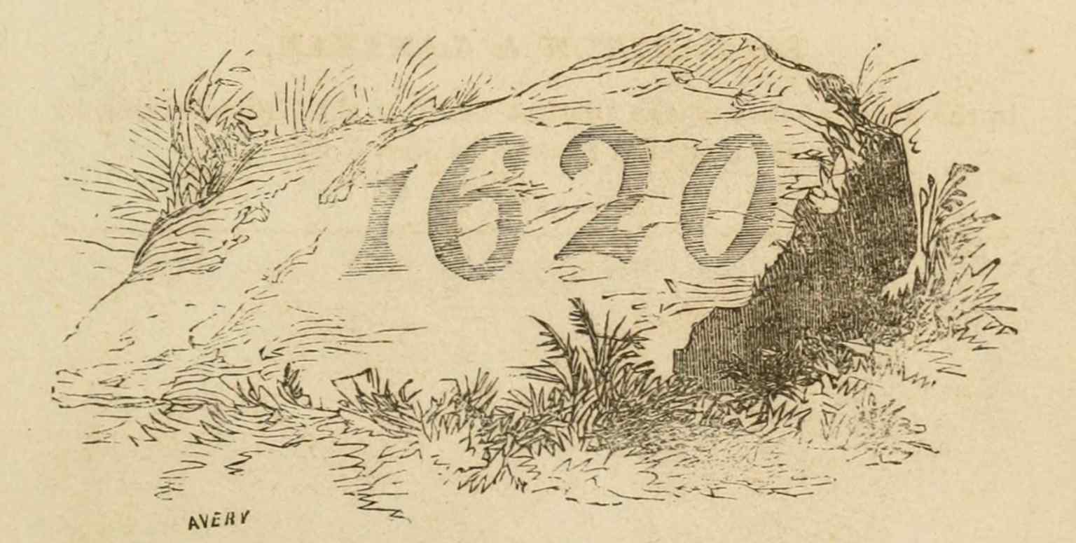 This 1869 depiction shows Plymouth Rock under the Victorian canopy that was completed in 1867, illustrating an earlier phase of the rock's history.