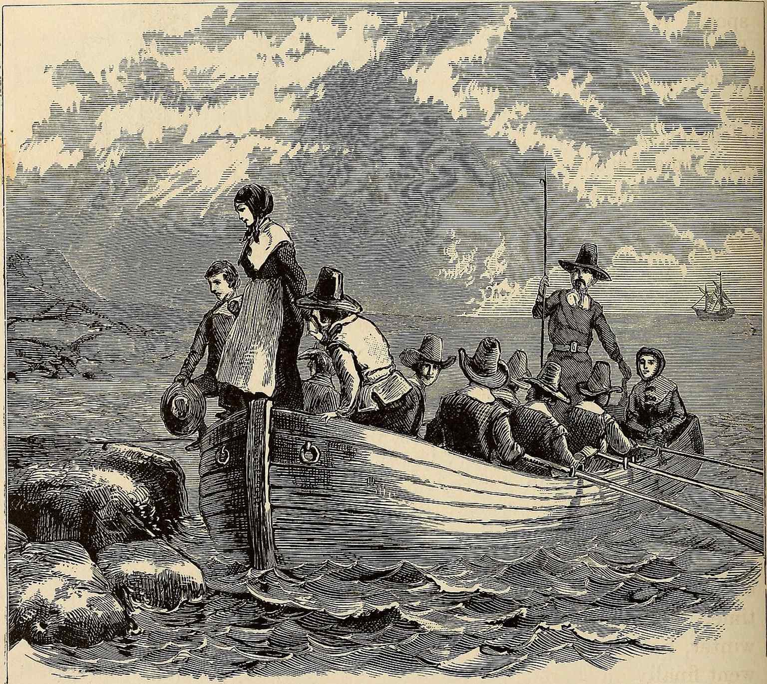 This 1876 artwork depicts an imagined landing of the Pilgrims, illustrating the popular legend associated with Plymouth Rock despite no early accounts mentioning it.