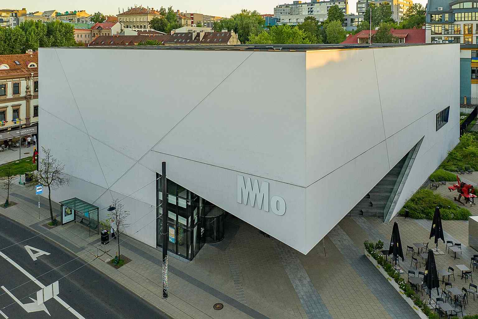 Aerial view of MO Museum’s distinctive angular building in Vilnius, opened in 2018 as one of Daniel Libeskind’s favorite projects.
