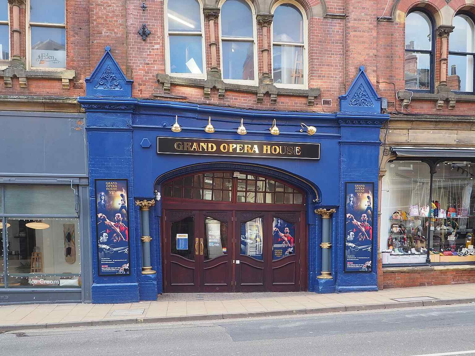 A clear view of the Clifford Street entrance on the former corn exchange frontage, linking the theatre back to its 1868 Italianate origins.