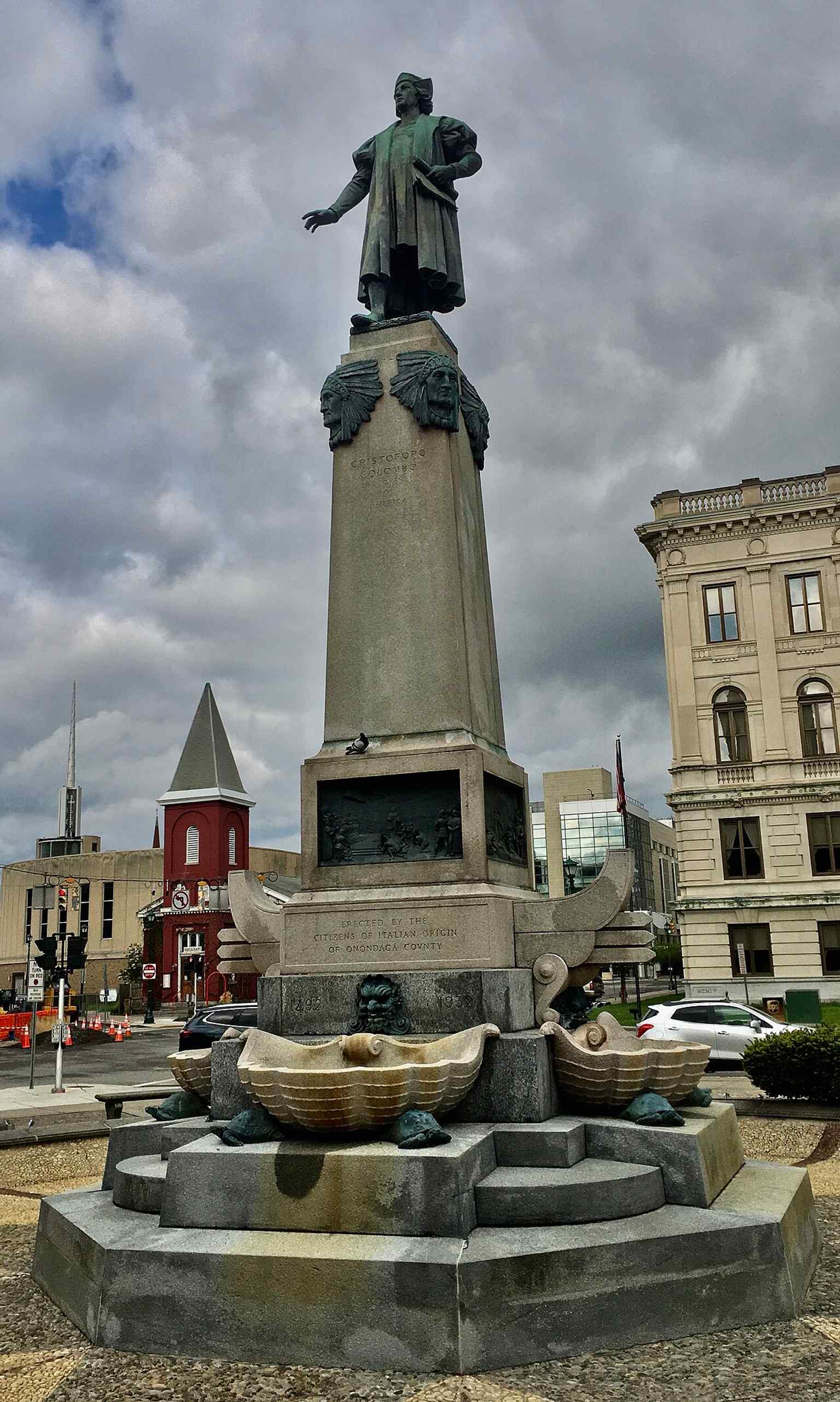 A close look at the Columbus Monument, designed by Dwight James Baum and dedicated in 1934 as a symbol of Italian American pride.