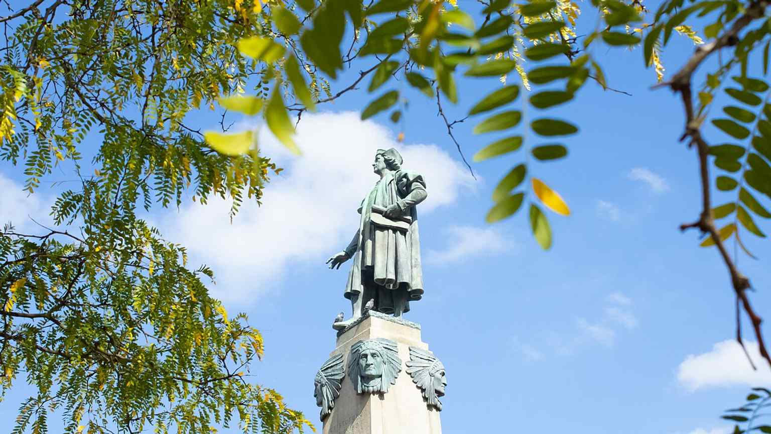 The monument in the center of the circle, a focal point for both Columbus Day ceremonies and long-running protests.