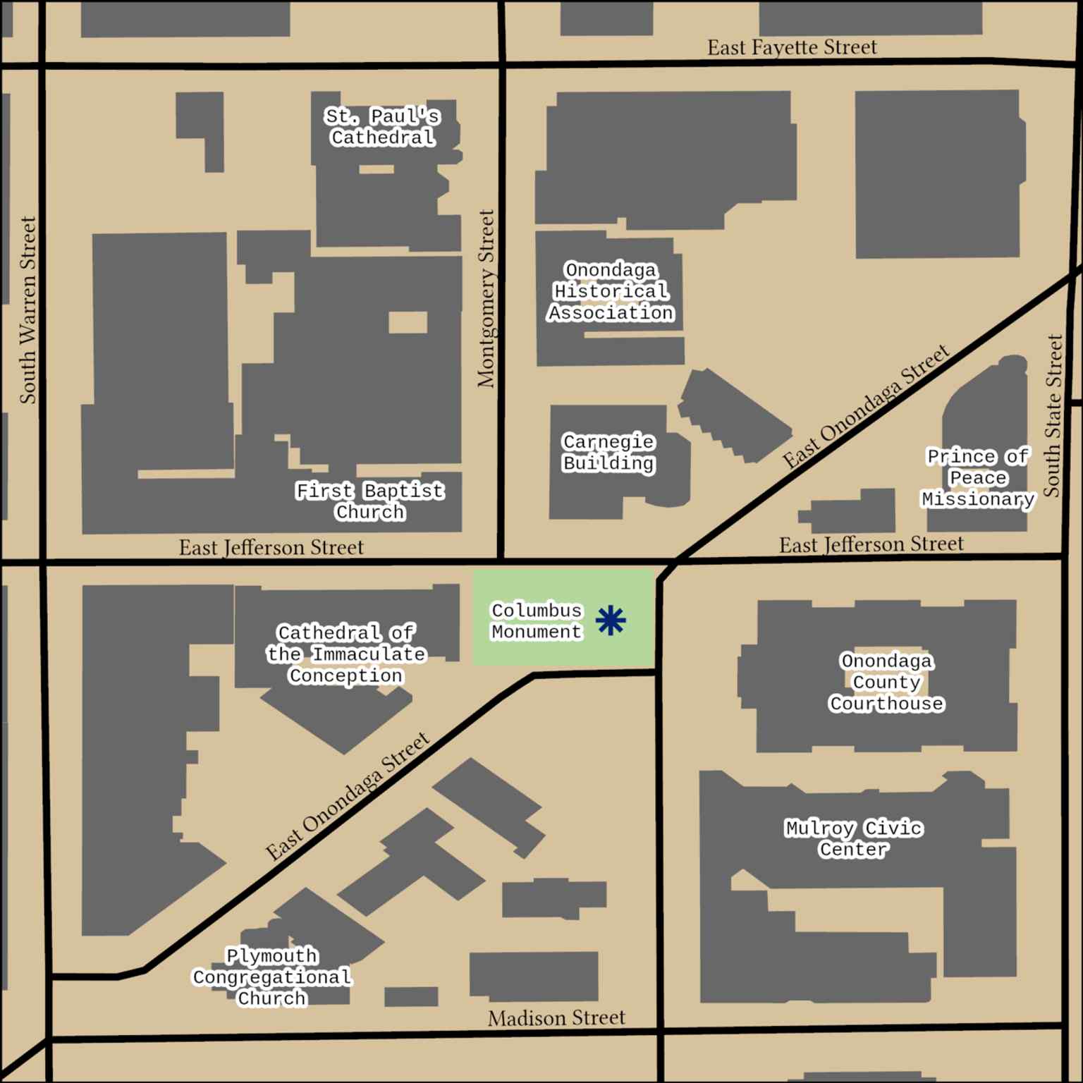 A simple map of Columbus Circle that helps orient the cathedral, courthouse, and civic buildings around the plaza.