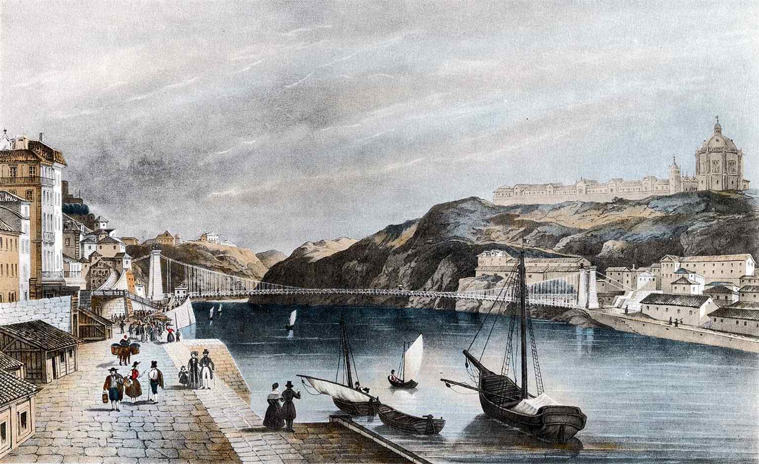 A mid-19th-century river scene linking the old bridge, Porto, Gaia, and Serra do Pilar in one historic view.