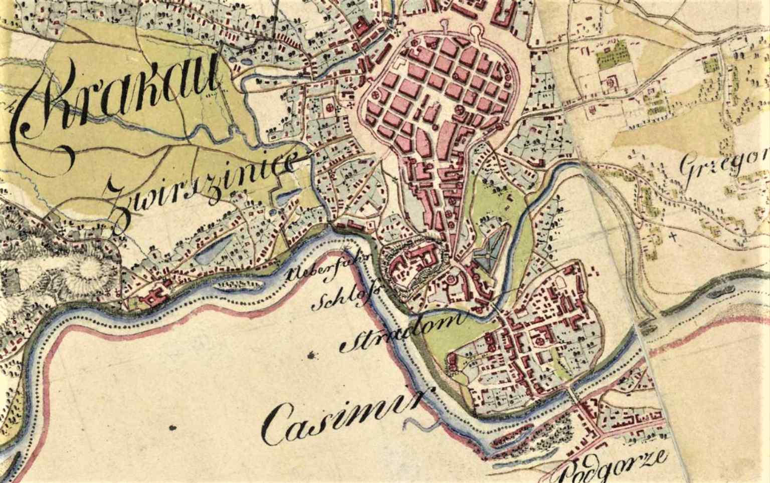 Early 19th-century map of Kazimierz, when it was still a distinct town before incorporation into Kraków.