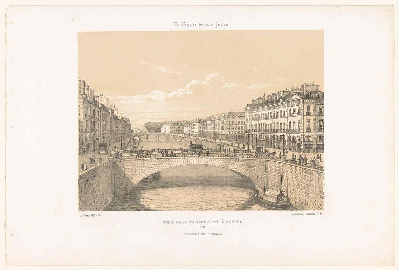 An 1853 view of the Pont de la Poissonnerie near Allée Flesselles, one of the bridges that once connected this quay to Île Feydeau.