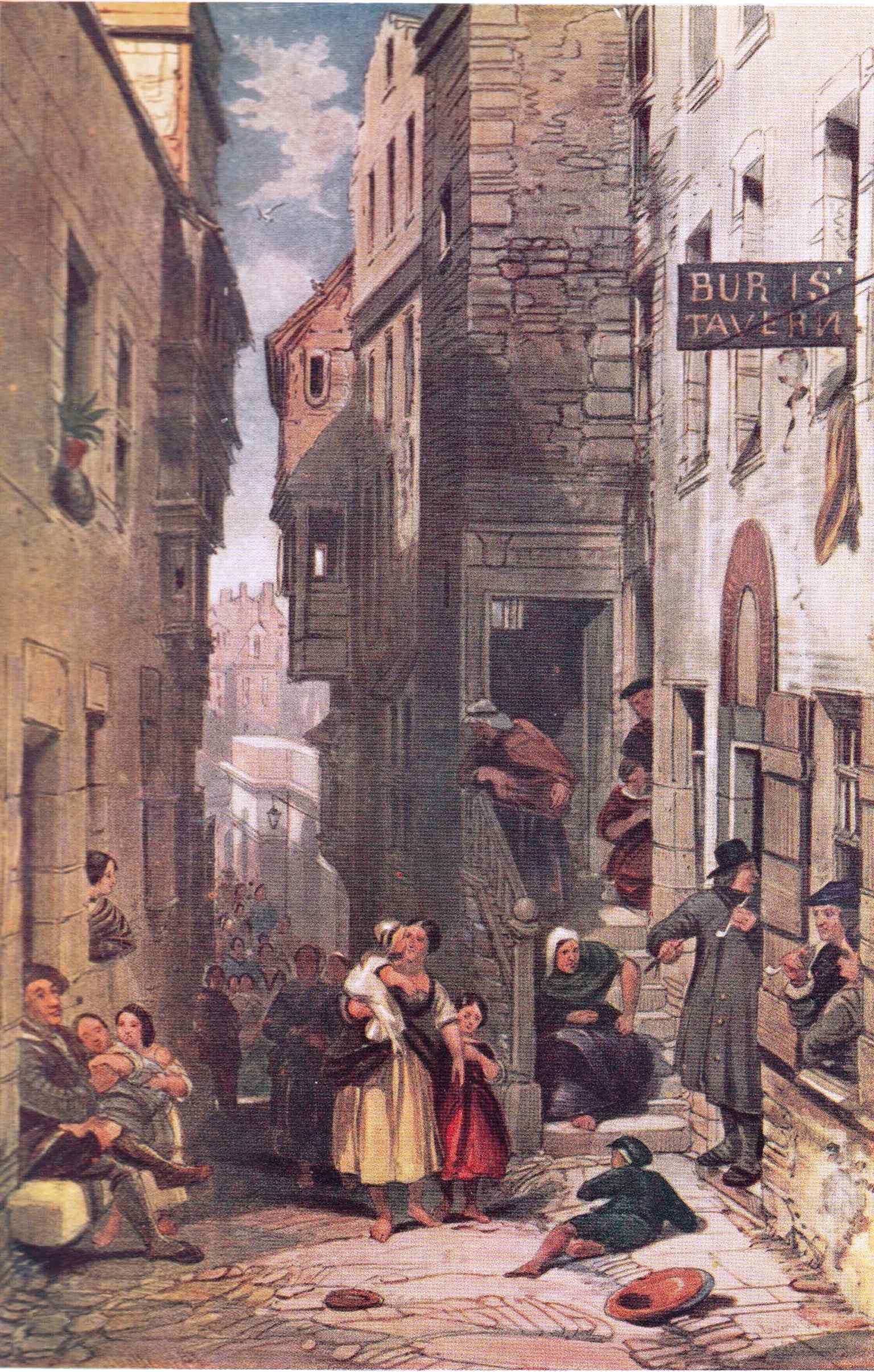 En historisk illustration av Dowies Tavern på Libbertons Wynd, krogen som var en älskad samlingsplats för Robert Burns och stadens elit, skapad av George Cattermole (1854).