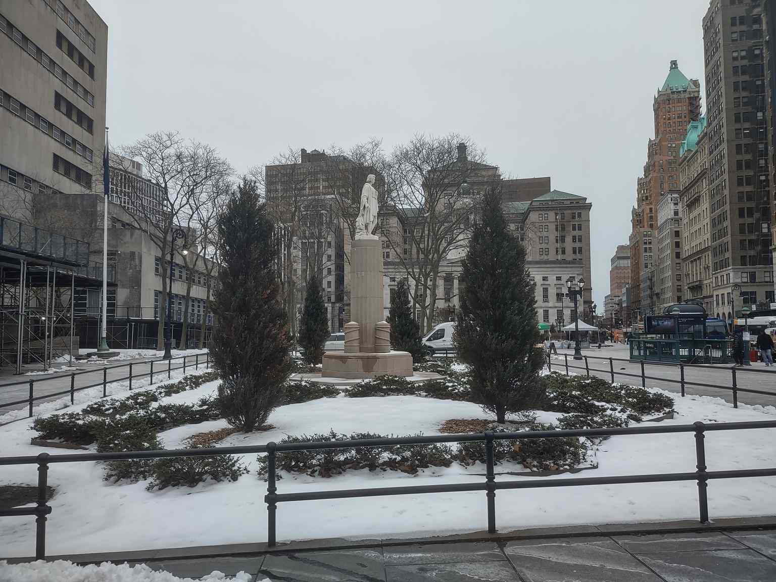 A view of Columbus Park in Brooklyn, the setting for the Statue of Christopher Columbus by Emma Stebbins and Aymar Embury II.