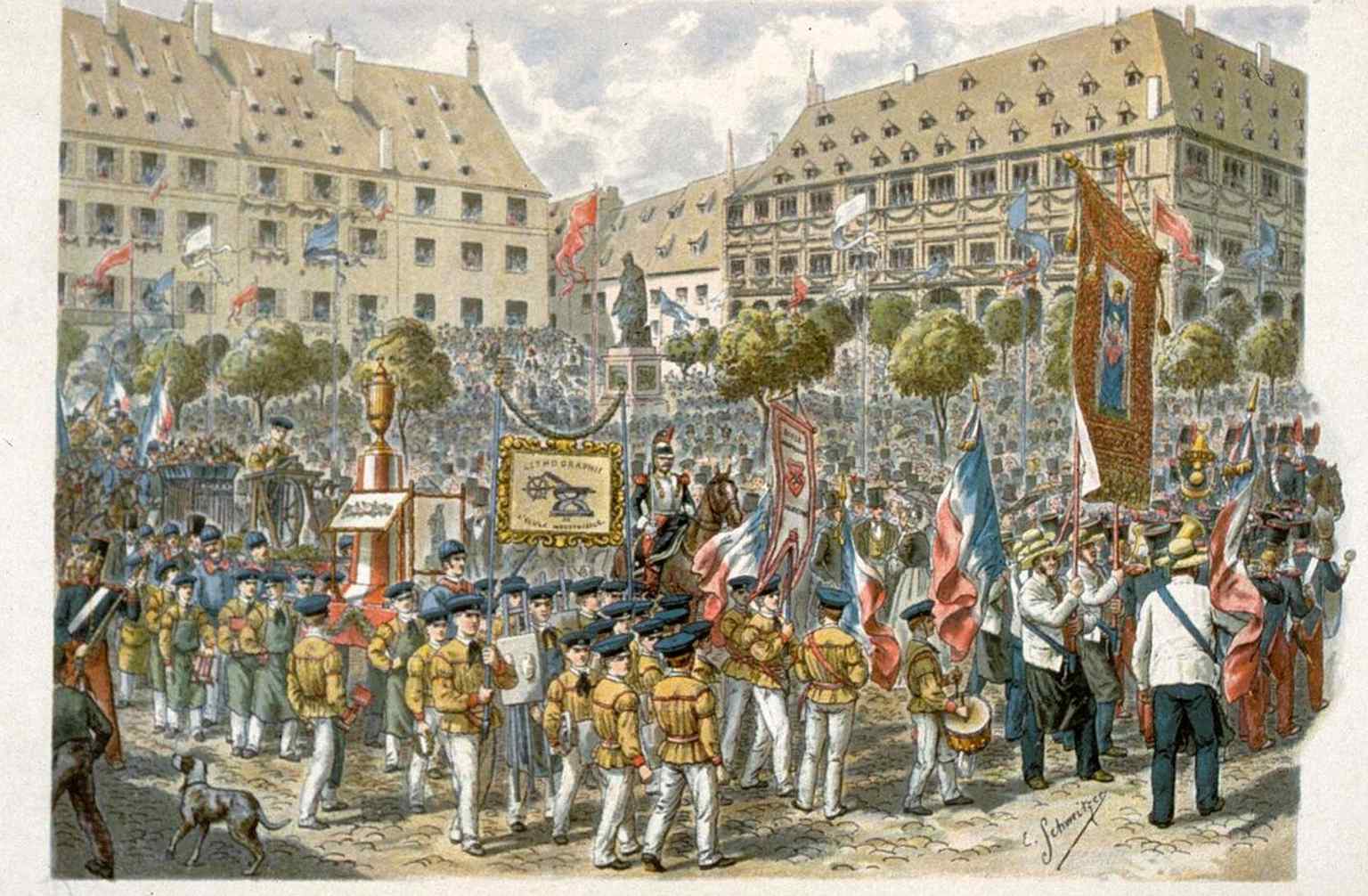 An 1894 engraving of the 25 June 1840 Gutenberg celebrations — a reminder that the square’s current name was adopted to honor Strasbourg’s connection to early printing.