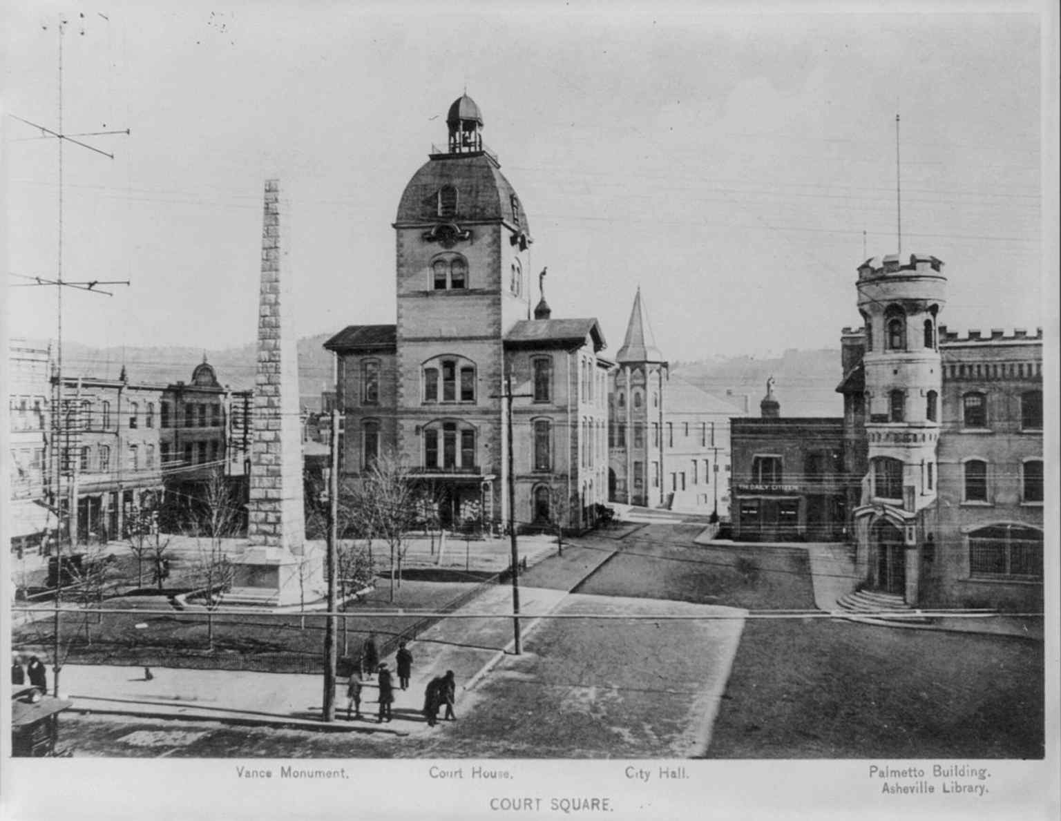 Pack Square as it looked in 1899, with the Vance Monument anchoring downtown Asheville’s civic core.