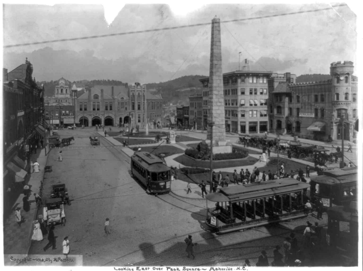 Looking east over Pack Square in 1910, with the monument rising above the district Richard Sharp Smith helped shape.