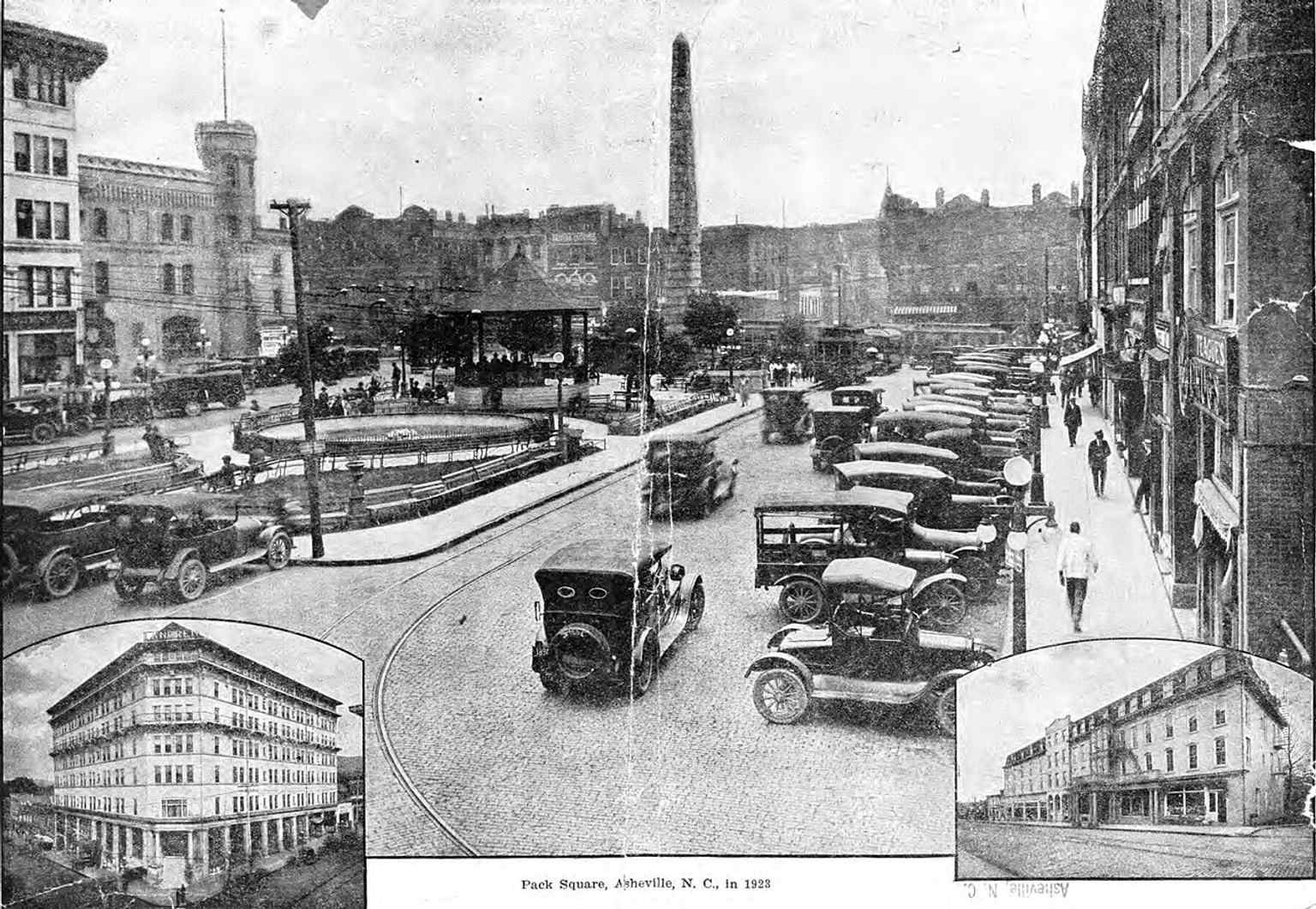 Pack Square in 1923, showing how the monument remained the visual center of Asheville’s downtown landscape.