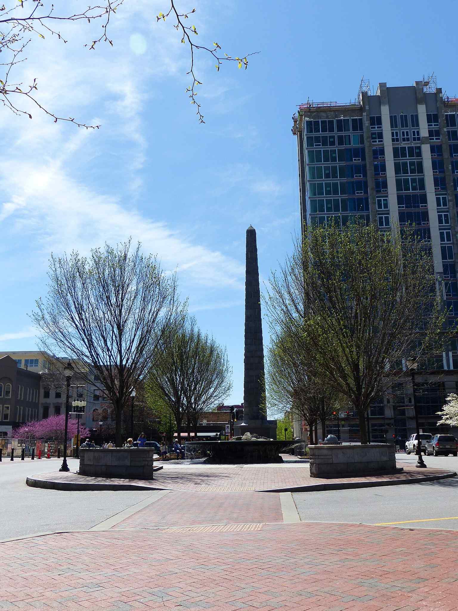Downtown Asheville’s Pack Square with the monument at the center of the civic plaza, reflecting its role as a major landmark.