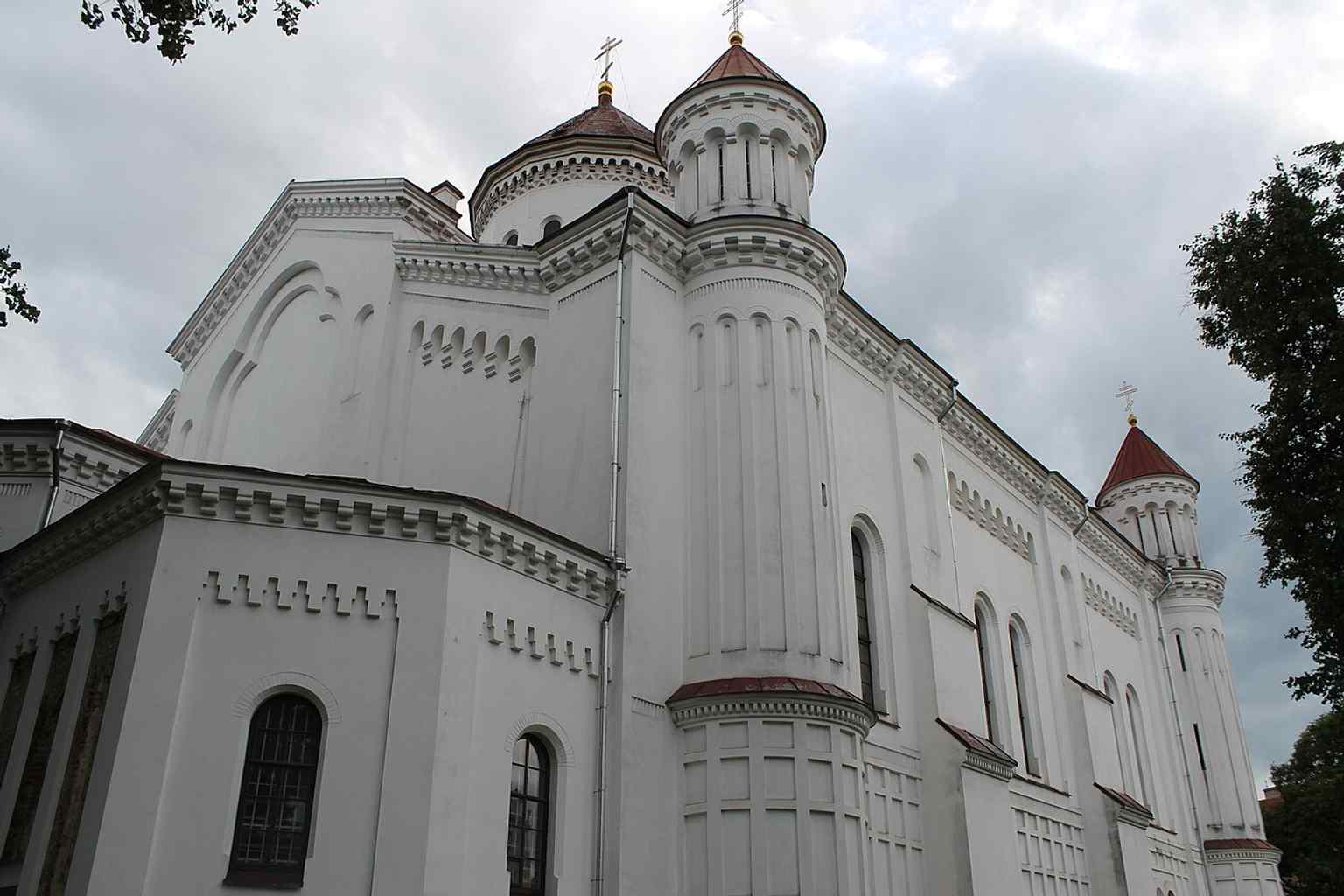 The white Orthodox cathedral in Vilnius, the church of the Dormition of the Theotokos, seen as a living parish today.