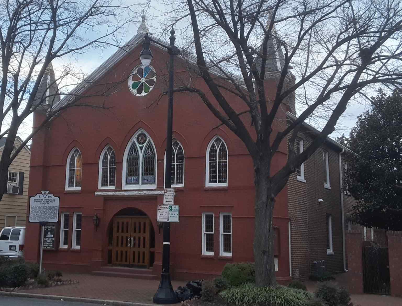 The Roberts Memorial United Methodist Church, seen here, features a Gothic Revival facade added during a major 1894 remodeling, though its original 1834 side walls still stand, making it Alexandria's oldest African American church structure.