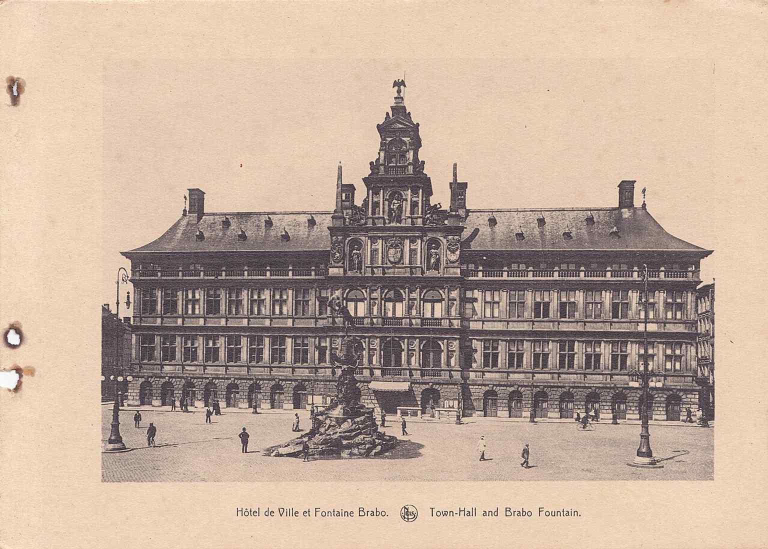 A historical print pairs the City Hall with Brabo Fountain, linking the building to Antwerp’s long civic memory and square-centered identity.