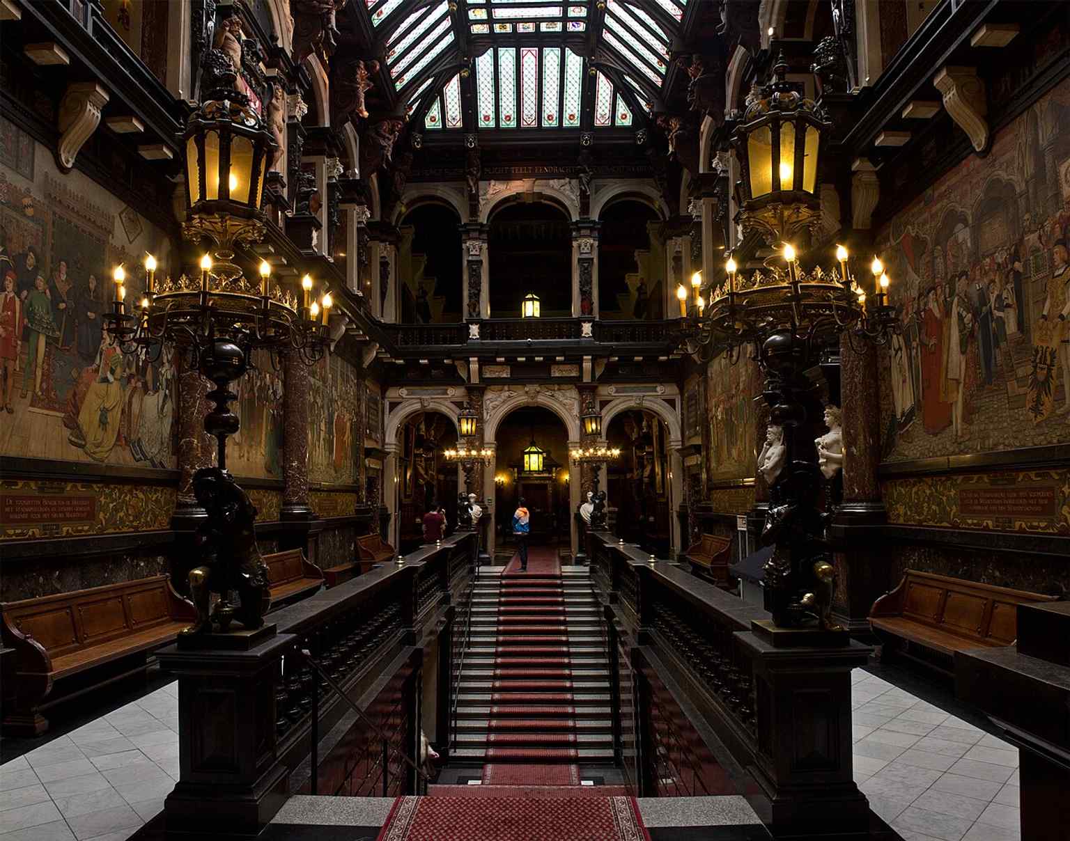 An interior room in City Hall shows the richly decorated 19th-century restoration layer added long after the original 16th-century shell was rebuilt.