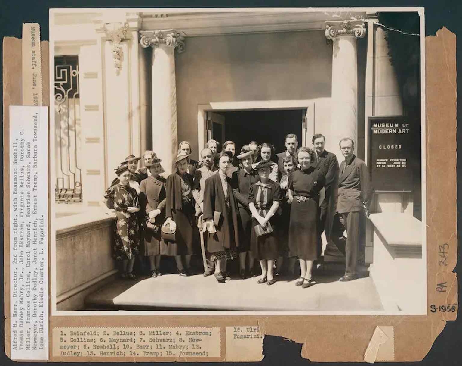 MoMA staff outside the museum in 1937, from the institution’s early years after the 1929 founding by Abby Rockefeller, Lillie Bliss, and Mary Quinn Sullivan.
