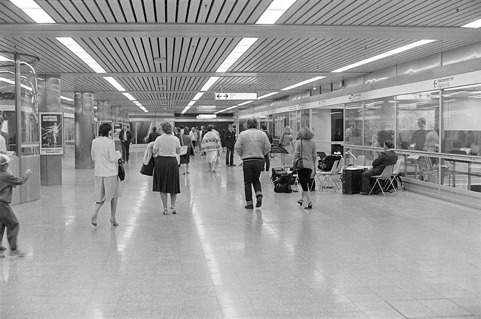 The metro station exit platform, showing Hakaniemi’s role as a major transit node since the metro opened in 1982.
