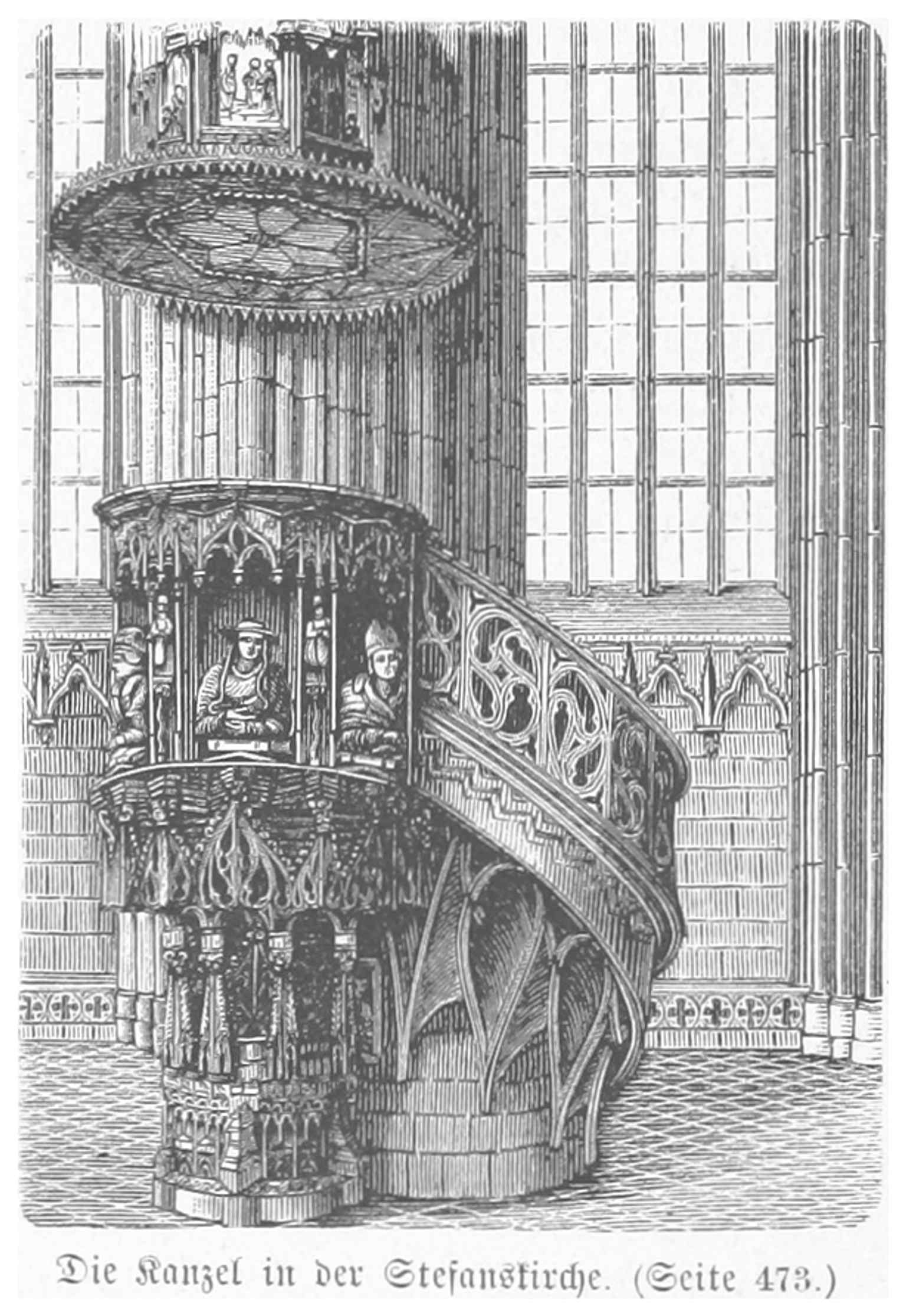 An illustration from 1880, around the time of a thorough restoration when the pulpit was dismantled and freed from old oil paint.
