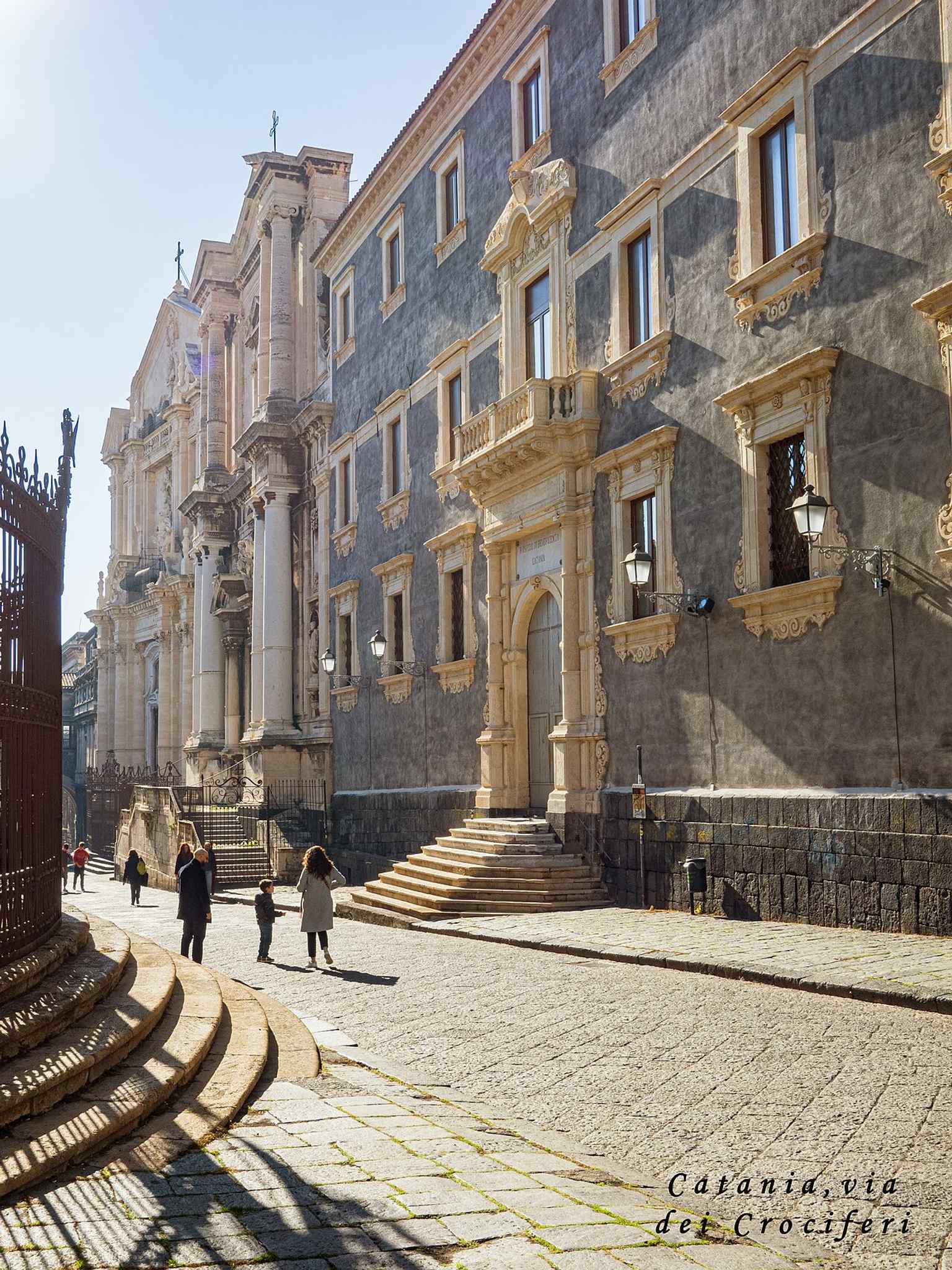A wide view of Via Crociferi showing the Jesuit College among Catania’s UNESCO-listed late Baroque monuments.