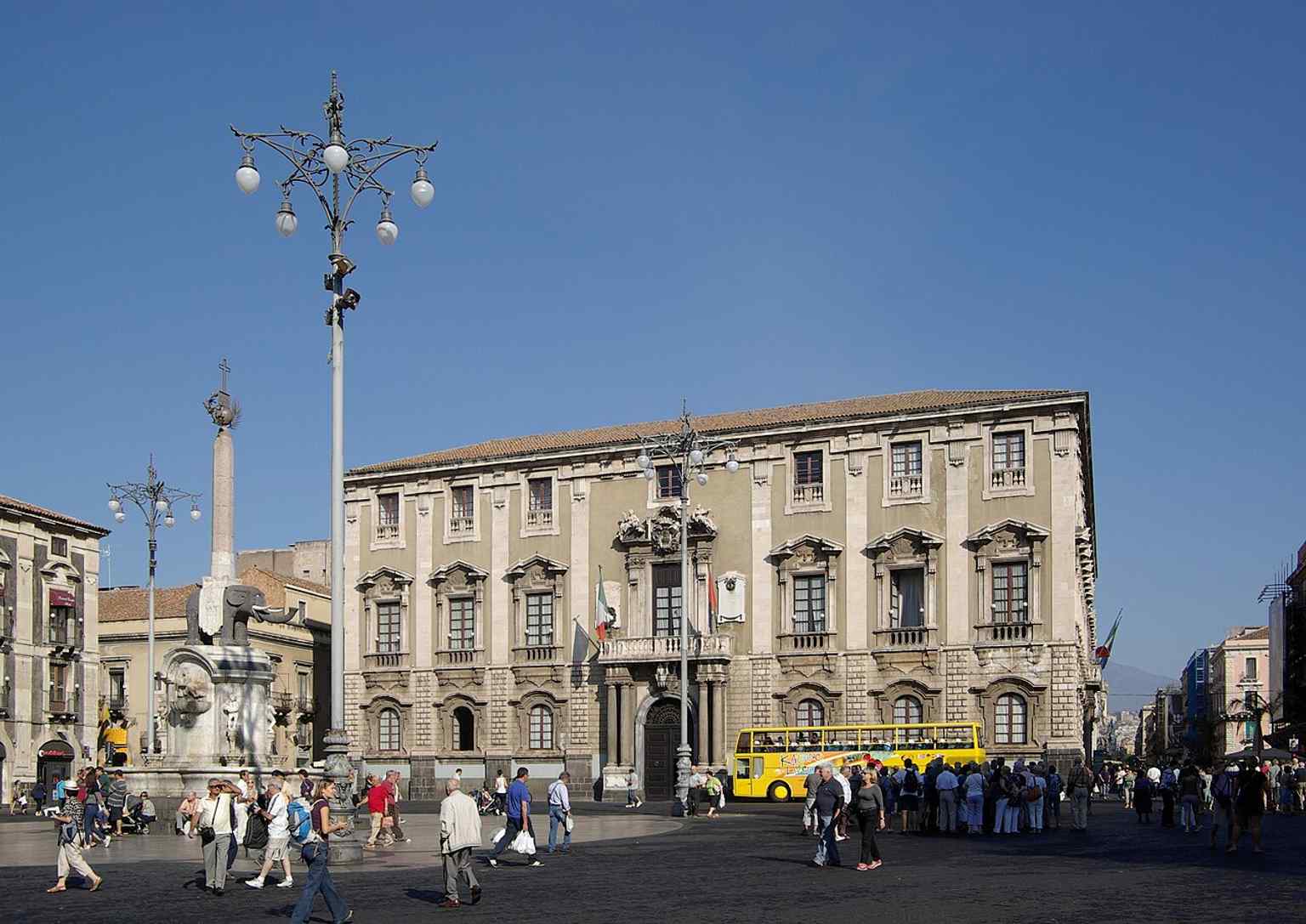 A detail of the elephant-themed civic setting in front of the palace, echoing the Liotru symbol that gave the building its name.