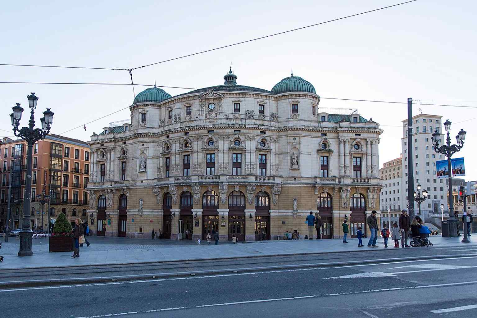 A wide elevated view of Arriaga Square and the surrounding streets, placing the theatre in the heart of Bilbao’s historic center.