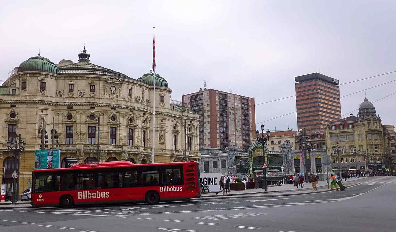 The Arriaga on the Arenal edge of Bilbao, showing how the theatre anchors the city’s riverfront and old town streetscape.