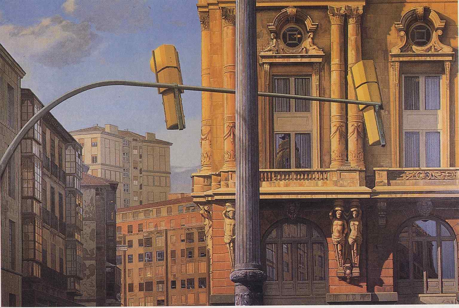 A painted view of the Arriaga and the Ribera, showing how deeply the theatre has entered Bilbao’s visual memory and urban identity.