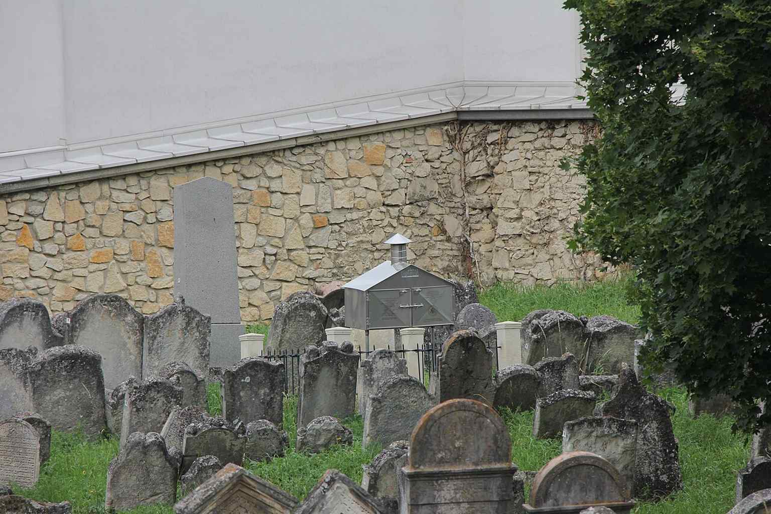 A longer perspective across the old Jewish cemetery, emphasizing its preserved, enclosed character and many surviving stones.