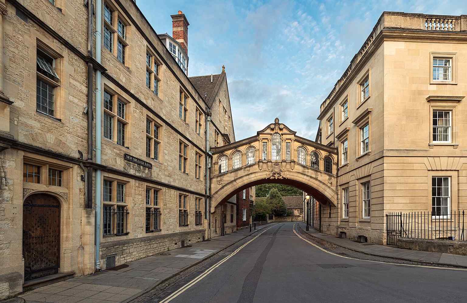 An evening view showing the bridge between Hertford College buildings over New College Lane, a good all-around landmark shot.
