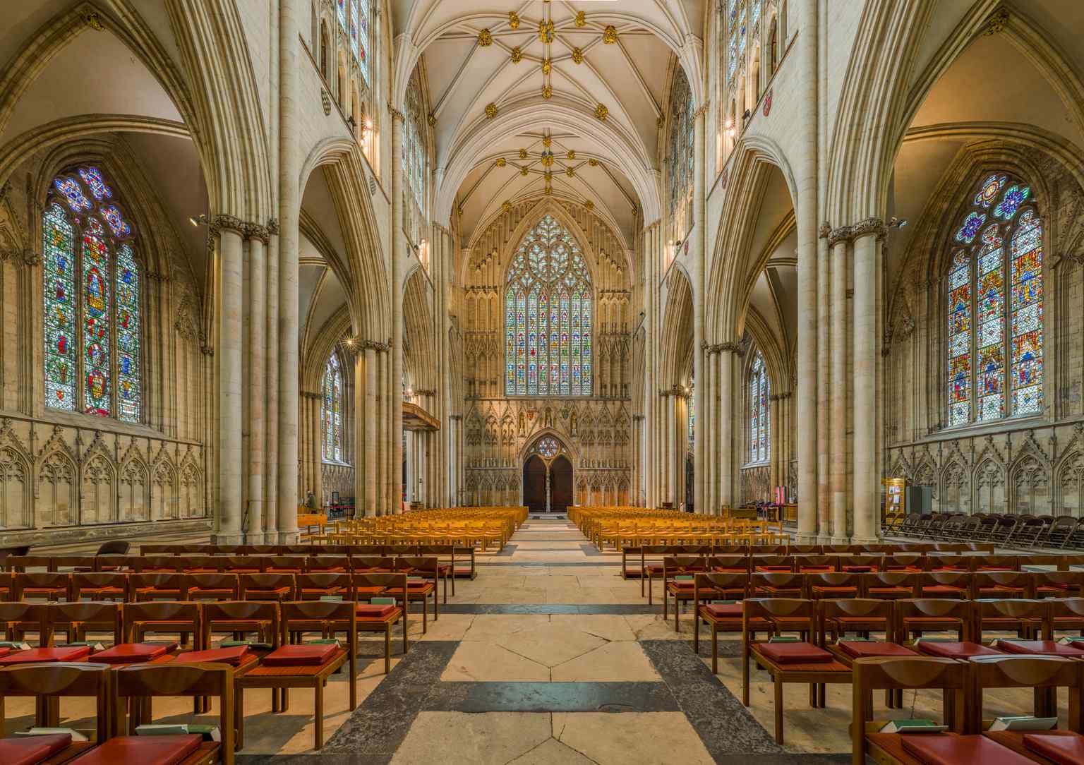 The grand interior nave of York Minster, stretching towards the historic West Window (2014).