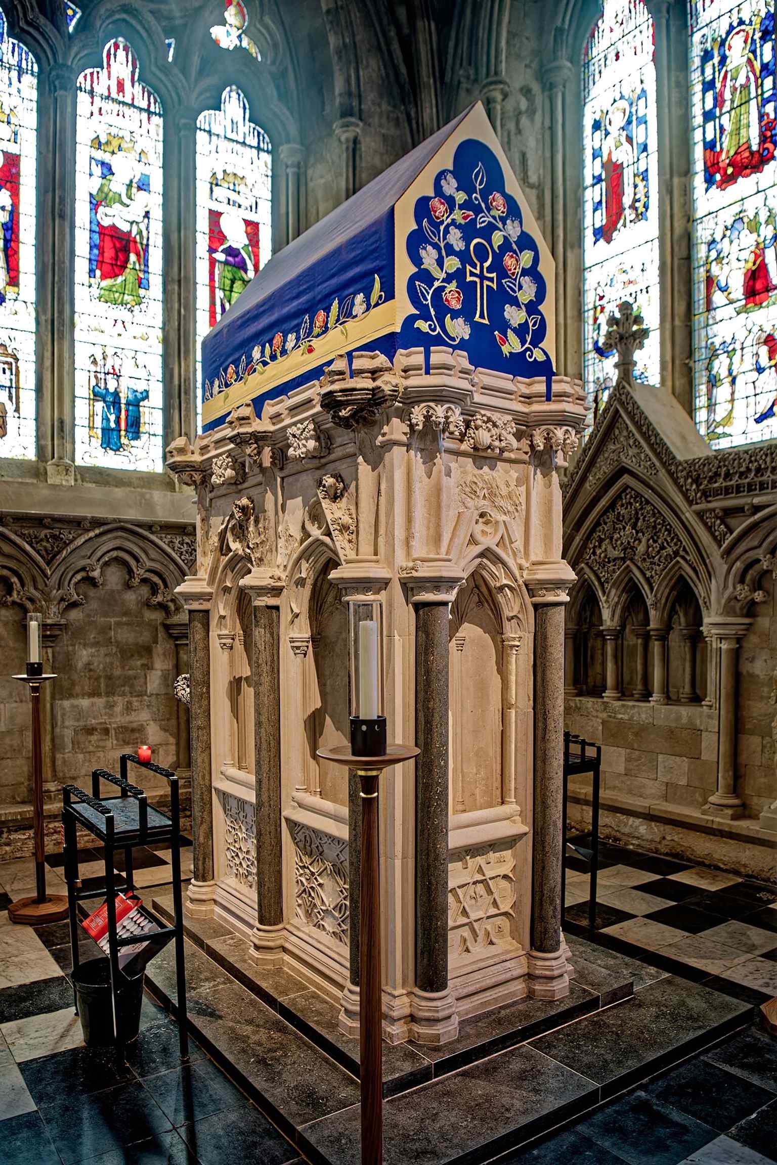 The crossing aisle beneath the tower, where the cathedral’s famous Norman core survives around the central tower piers.