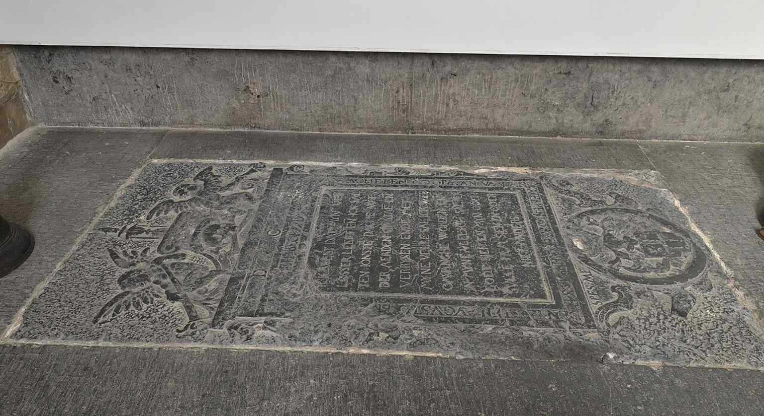 A gravestone inside the church, reflecting the centuries when wealthy Haarlemmers were buried beneath the floor.