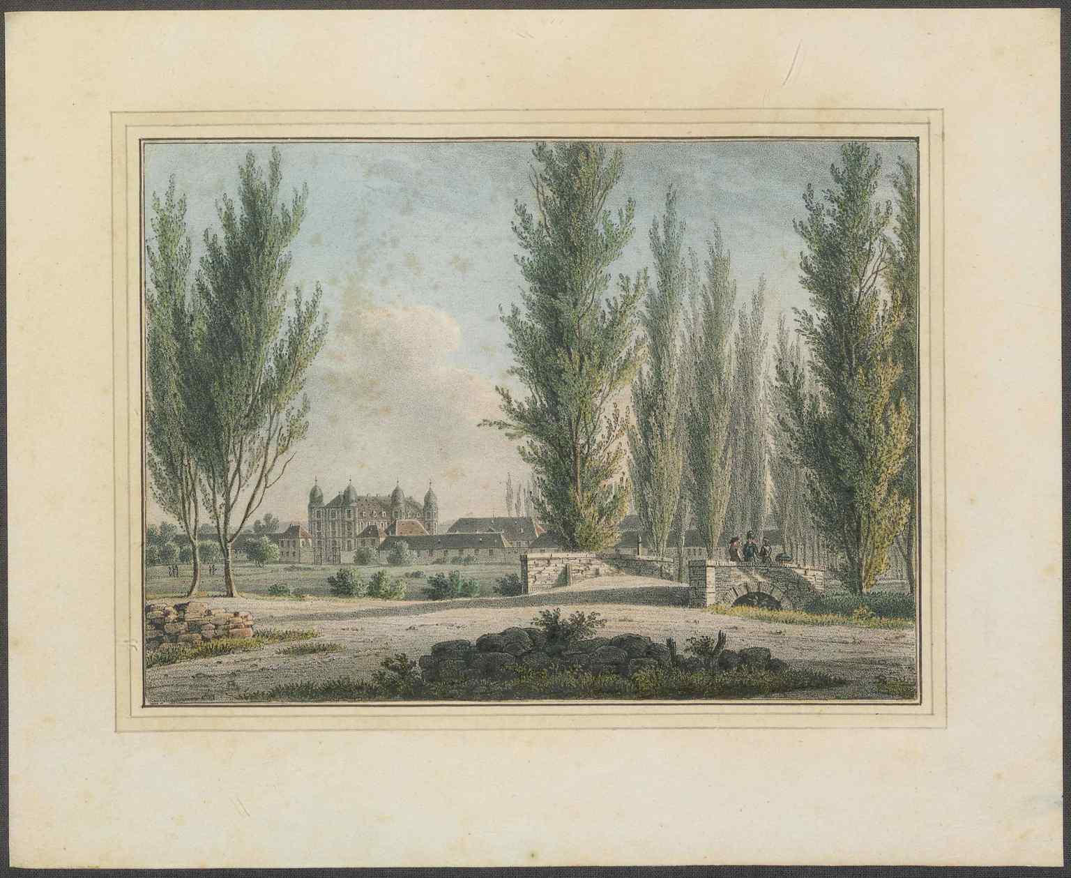 A historical view from 1846, showcasing Schloss Gottesaue during its long period as a military barracks, which it remained until 1919.