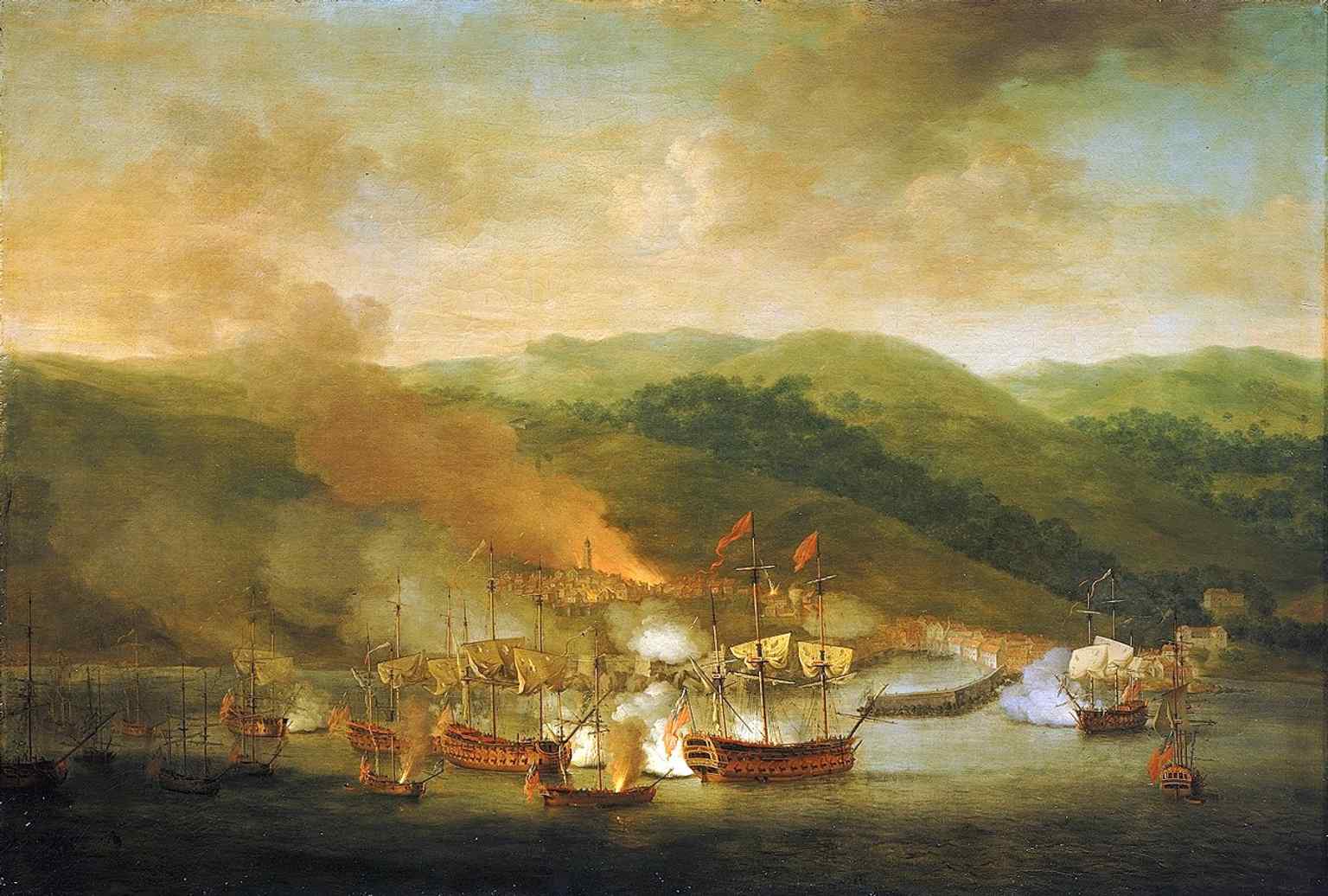 Samuel Scott’s painting of the 1745 bombardment of Bastia, evoking the city’s turbulent wartime history during the 18th century.