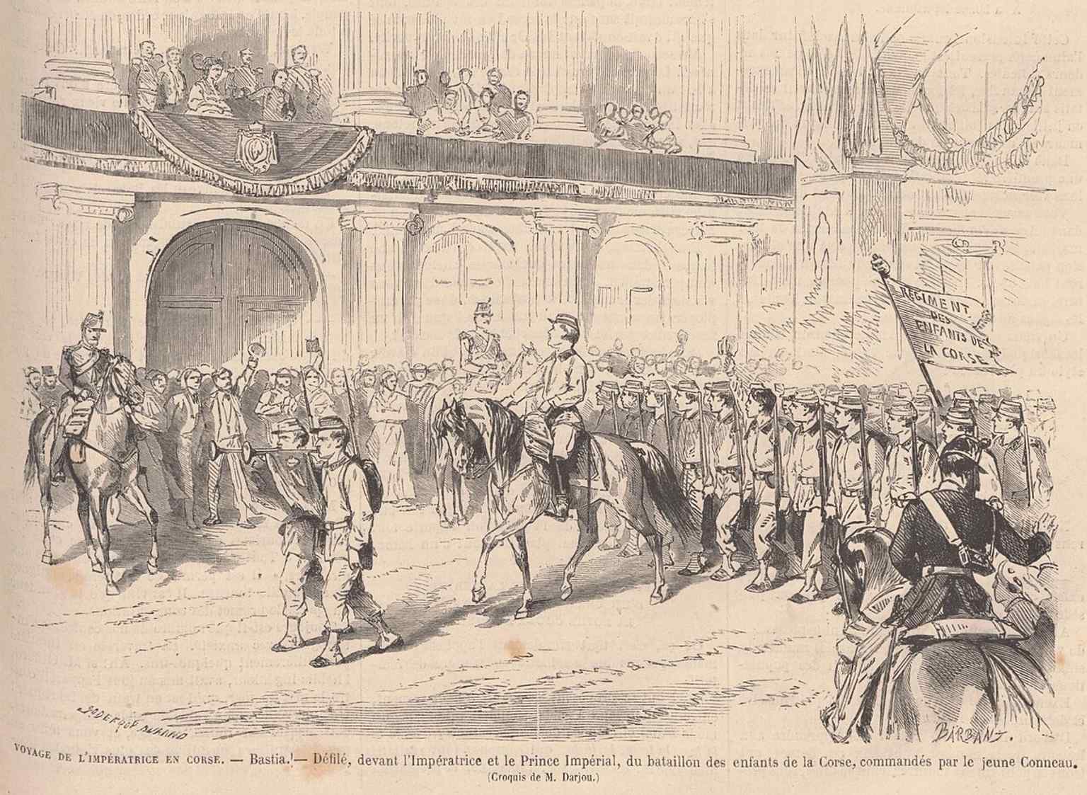 An 1869 illustration of Corsican boys parading in Bastia before the Empress — a glimpse of the city’s role in imperial-era ceremonies.