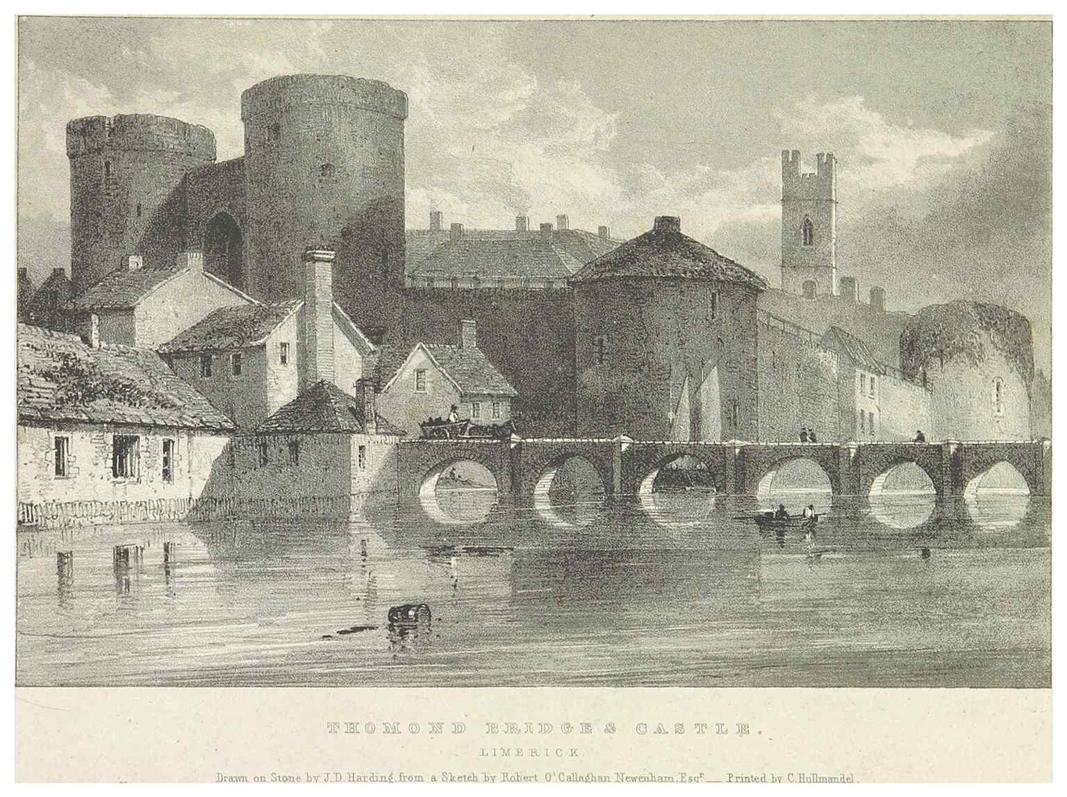 An 1830 artwork depicting the Thomond Bridge and King John's Castle, likely showing the medieval bridge of fourteen arches that stood on this site before its replacement in 1836.