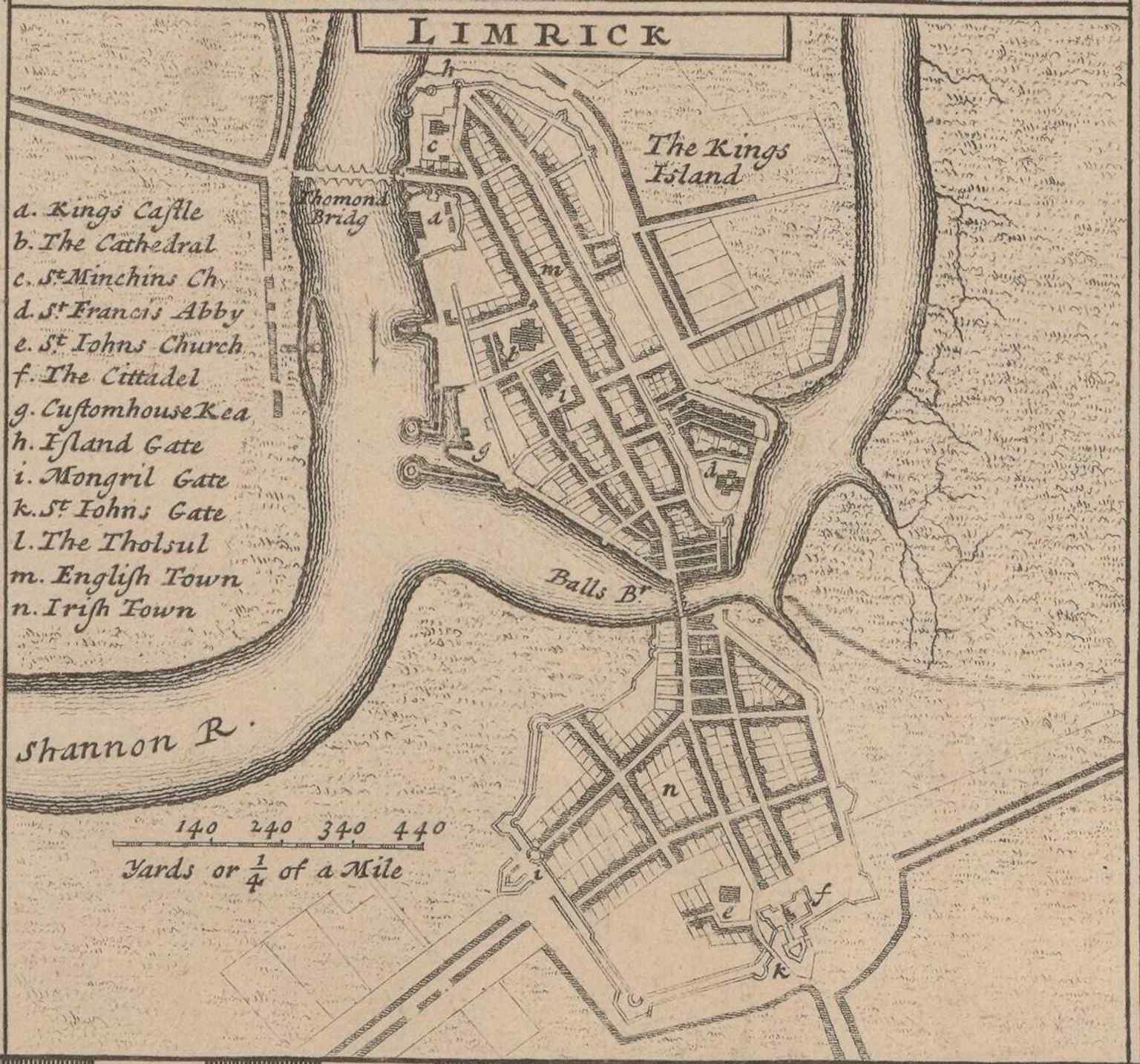 This invaluable 1714 map of Limerick City shows the medieval Thomond Bridge, highlighting its strategic location at the time of the 1691 Siege of Limerick.