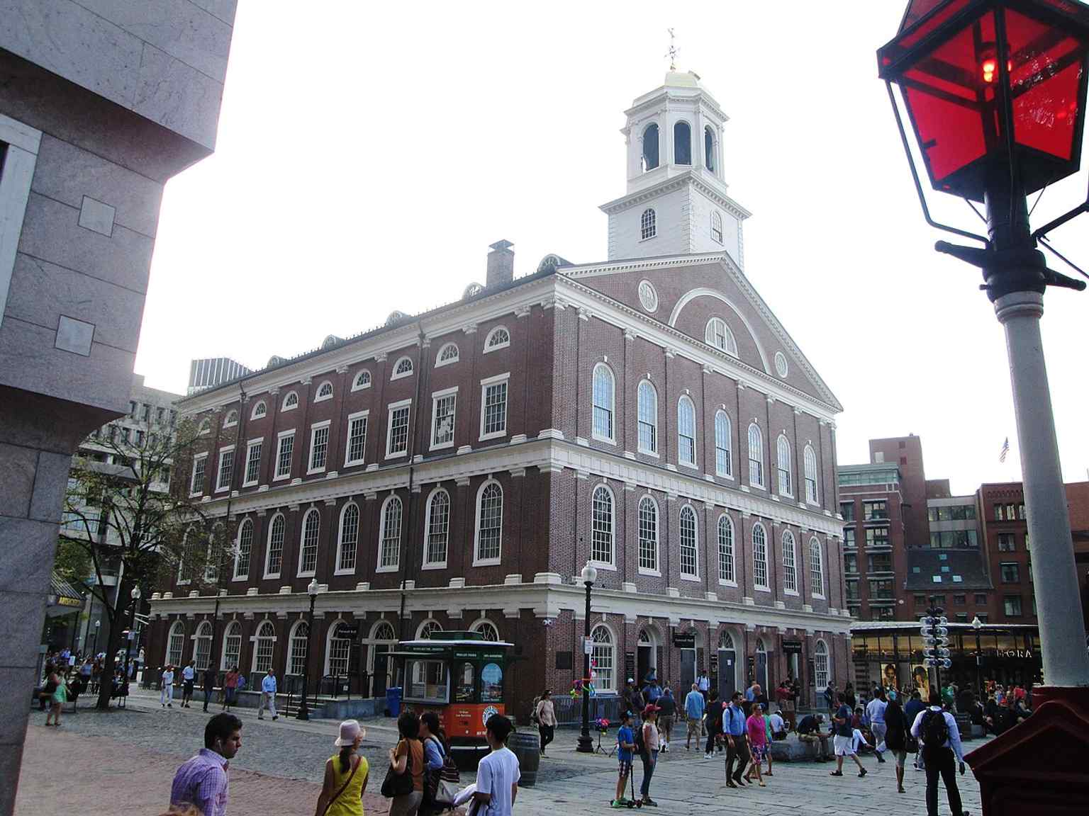 Faneuil Hall from the southeast, showing the red-brick Bulfinch-era facade that later housed both a market and a public forum.