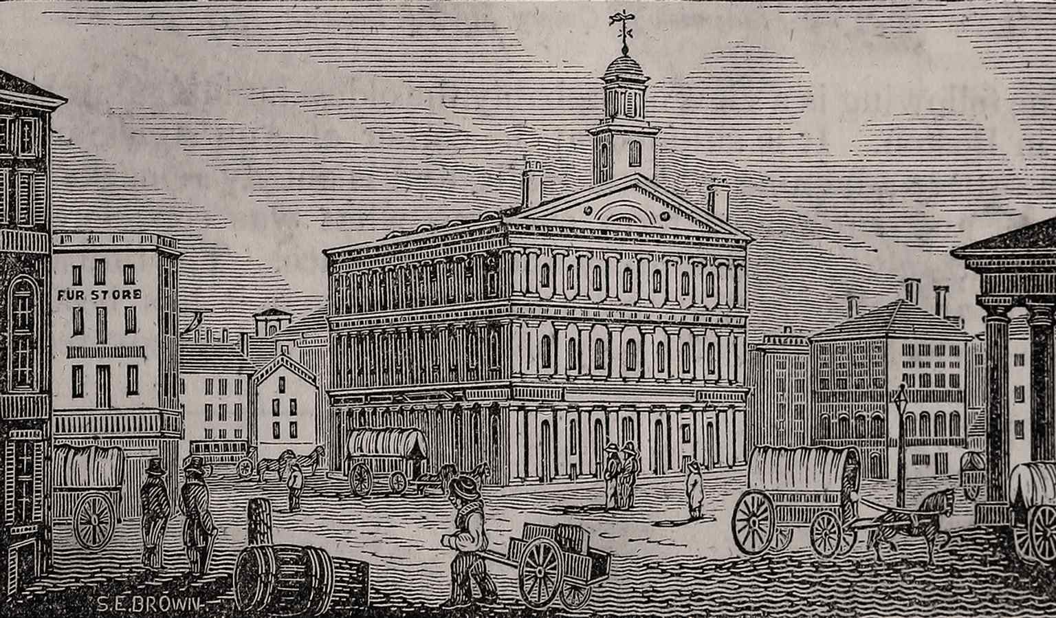 An 1839 street view of Faneuil Hall, showing how prominent the hall already was in Boston’s civic life.
