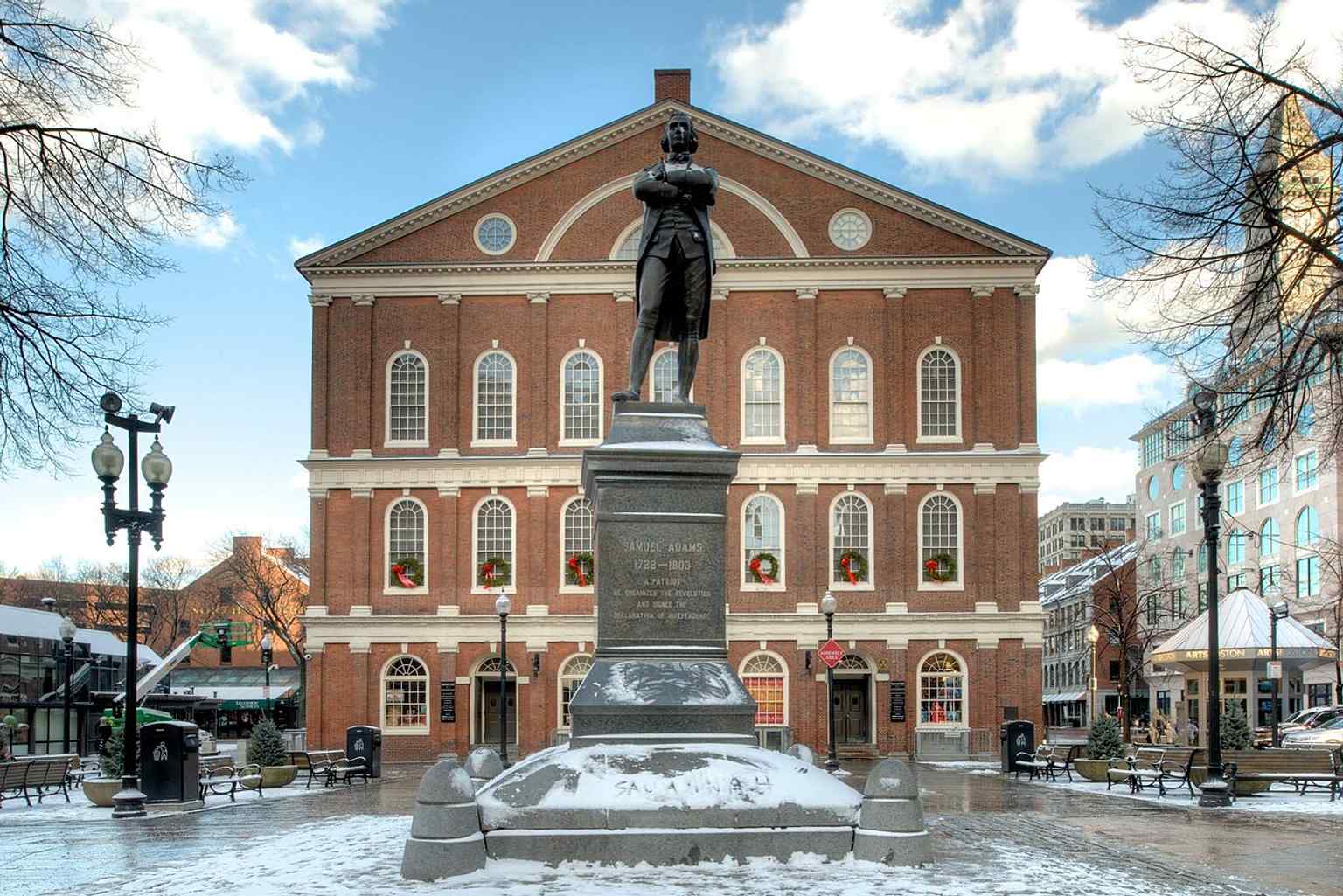 A clean exterior portrait of the National Historic Landmark, helping show the hall as a preserved landmark within downtown Boston.