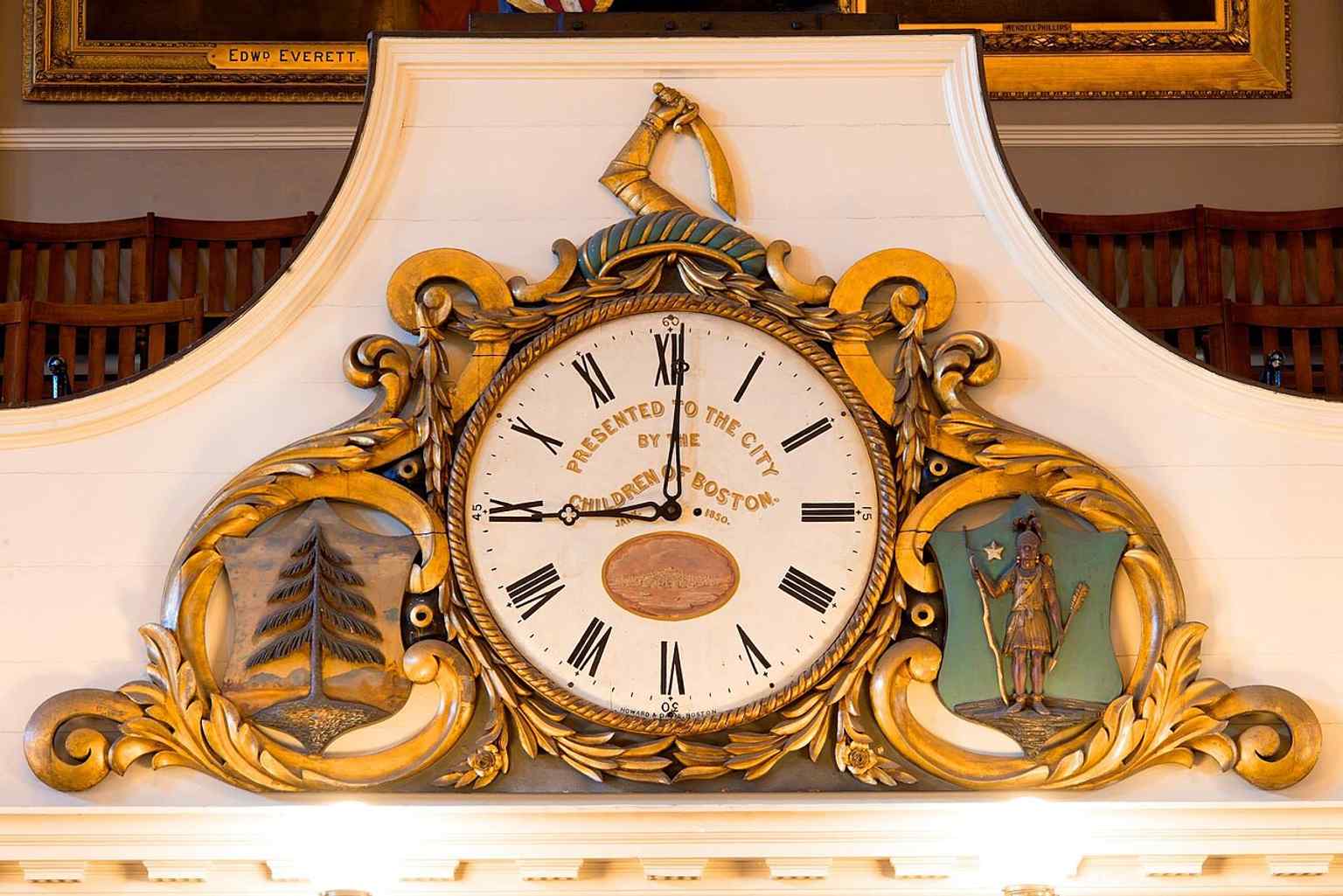 The 1850 clock detail from the Great Hall, part of the building’s long interior history and later 19th-century renovations.