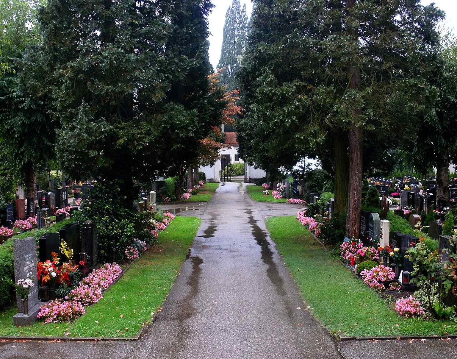 A clean overall view of the Städtischer Urnenfriedhof am Tabor, showing the peaceful cemetery layout.
