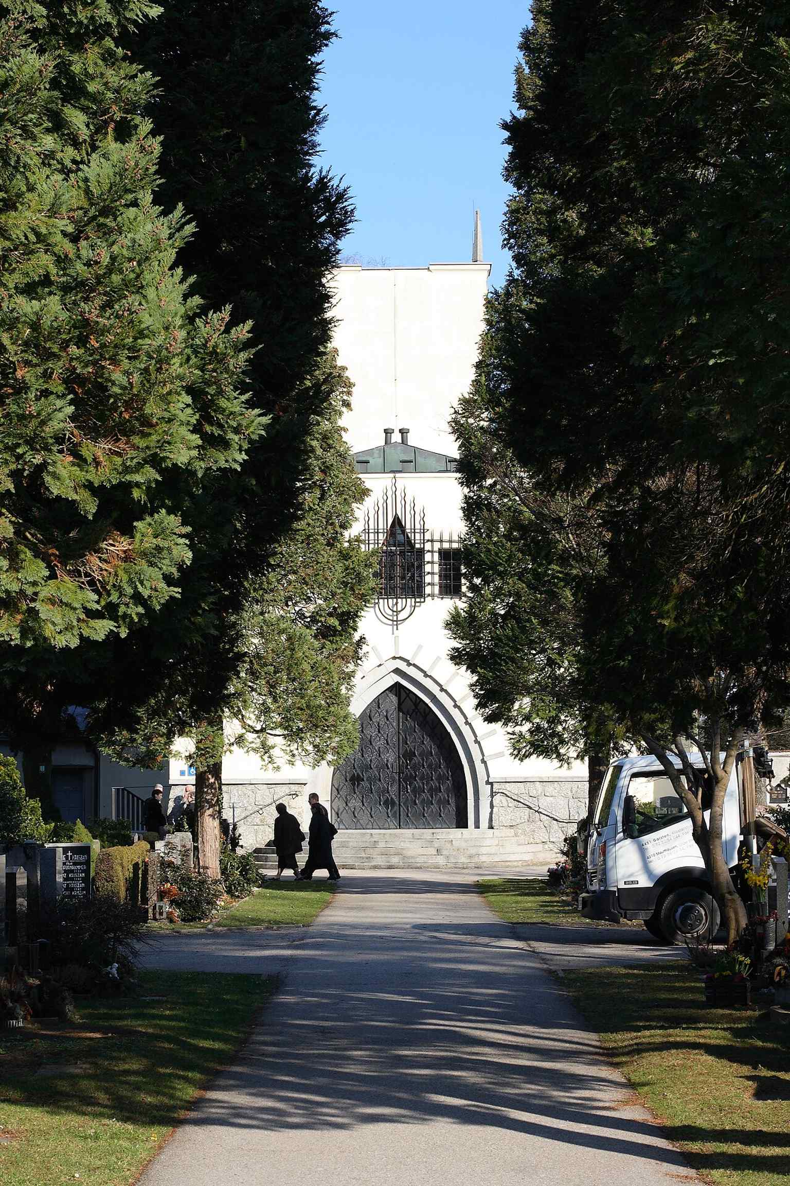 The crematorium and farewell hall at the heart of the site — opened in 1927, it was the second crematorium in Austria.