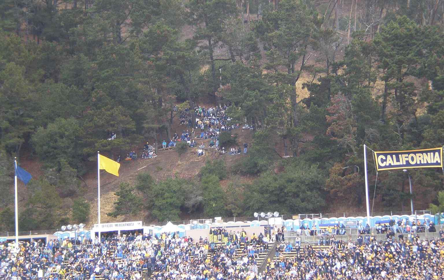 The hill from the stadium side, emphasizing how close this unofficial fan section sits to Memorial Stadium’s east rim.