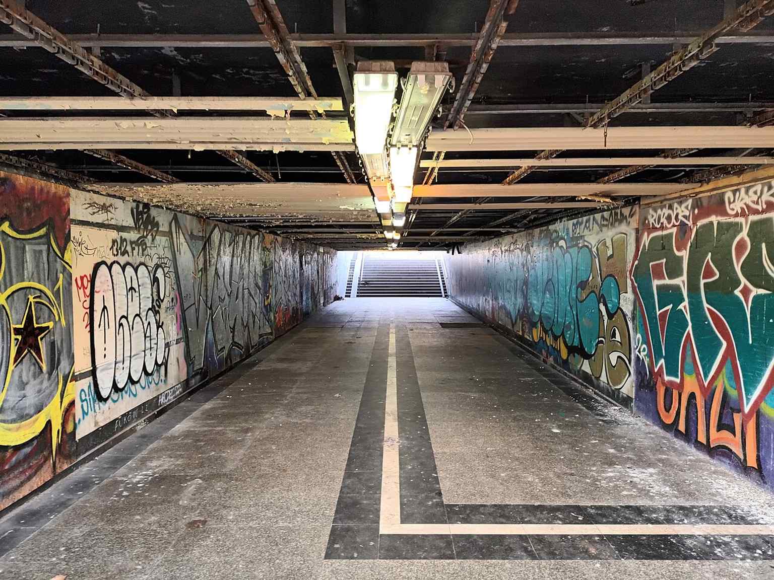 The underground passage beneath Crossroads Square is part of the 1970s redesign that pushed pedestrians below the expressway.